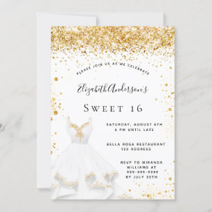 Sweet 16 white gold dress glitter invitation