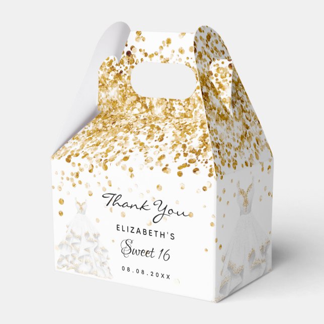 Sweet 16 white gold dress thank you favor boxes (Front Side)