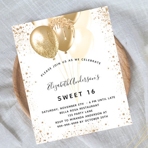 Sweet 16 white gold glitter balloons budget flyer