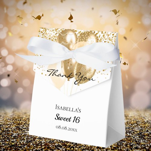 Sweet 16 white gold glitter balloons thank you favor boxes