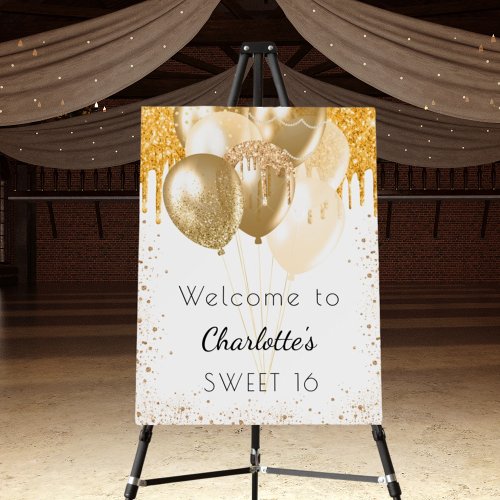 Sweet 16 white gold glitter balloons welcome foam board