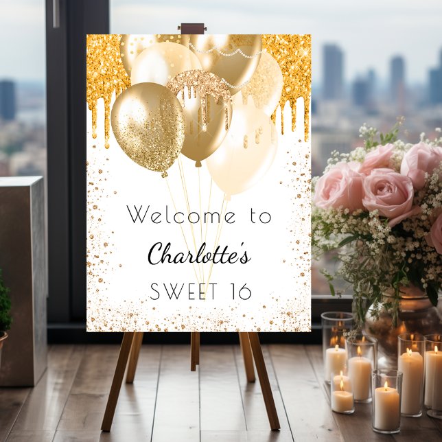 Sweet 16 white gold glitter balloons welcome foam board (Creator Uploaded)