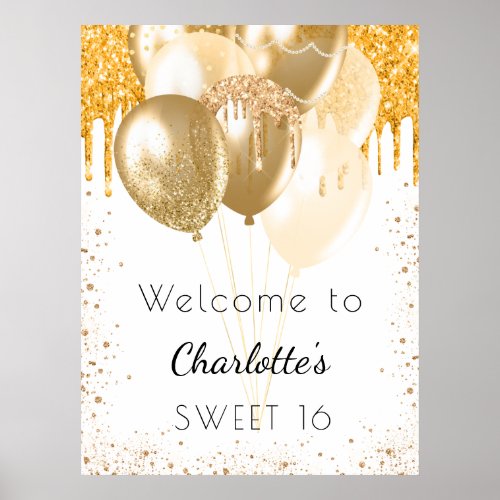 Sweet 16 white gold glitter balloons welcome poster