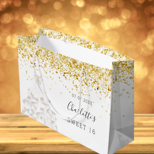 Sweet 16 white gold glitter dress name large gift bag (Creator Uploaded)