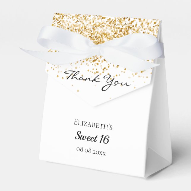 Sweet 16 white gold glitter thank you favor boxes (Front Side)