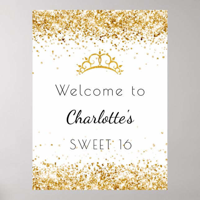 Sweet 16 white gold tiara welcome poster (Front)