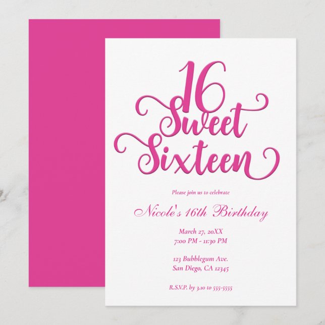 Sweet 16 White & Hot Pink Birthday Party  Invitation (Front/Back)