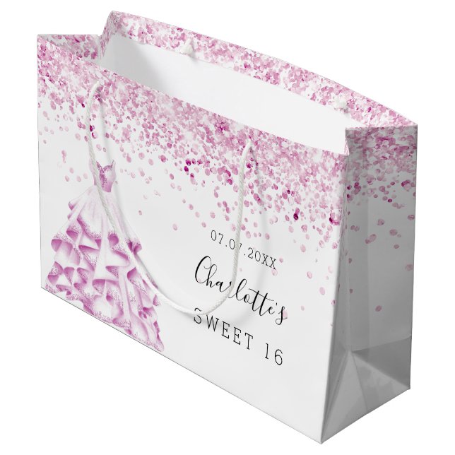 Sweet 16 white pink glitter dress name large gift bag (Back Angled)