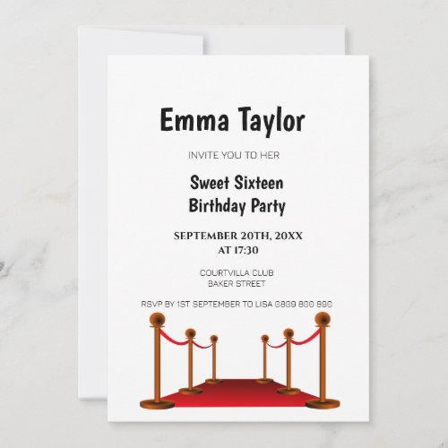 Sweet 16 White Red Carpet Hollywood Birthday   Invitation