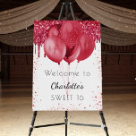 Sweet 16 white red glitter welcome balloons foam board<br><div class="desc">A welcome board for a girly and glamorous Sweet 16,  16th birthday party.  A white decorated with red colored faux glitter drips,  paint dripping look,   balloons.  Personalize and add a name and age. 
Back: no design</div>