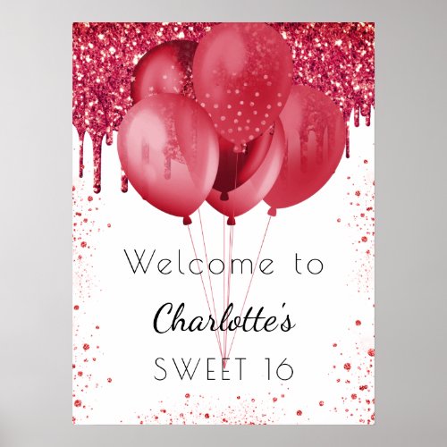 Sweet 16 white red glitter welcome balloons poster