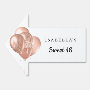Sweet 16 white rose gold balloons name party arrow sign