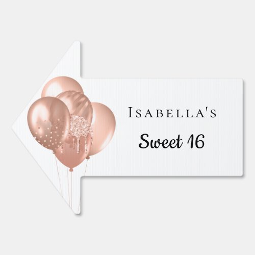 Sweet 16 white rose gold balloons name party arrow sign