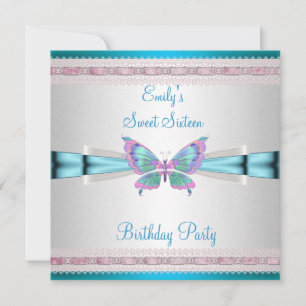 Sweet 16 White Teal Blue Pink Butterfly Birthday Invitation