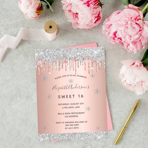 Sweet 16 winter glitter pink rose gold invitation postcard