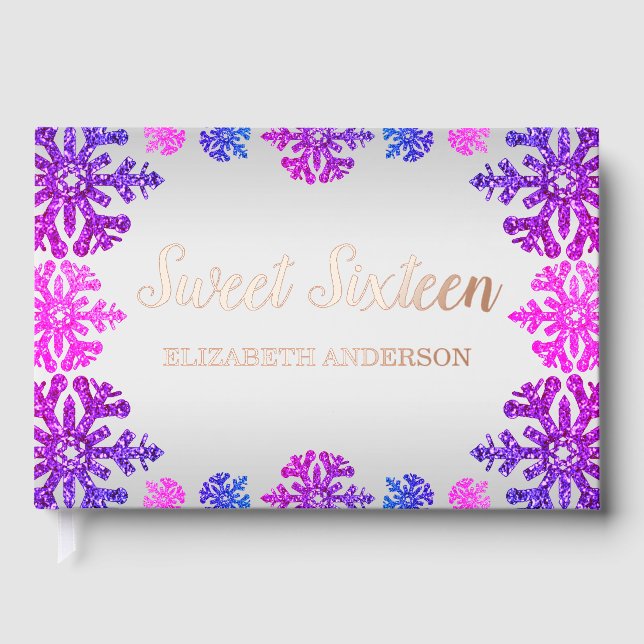 Sweet 16 Winter Snowflake Birthday Foil Guest Book (Front)
