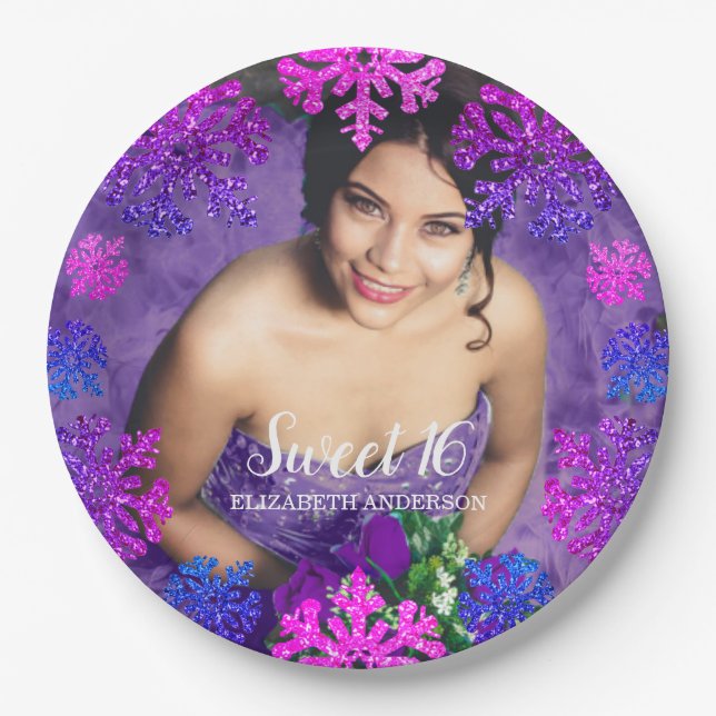 Sweet 16 Winter Snowflake Birthday Paper Plates (Front)