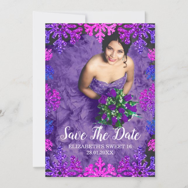 Sweet 16 Winter Snowflake Birthday Save The Date (Front)