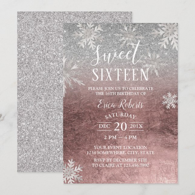 Sweet 16 Winter Snowflakes Rose Gold  & Silver Invitation (Front/Back)