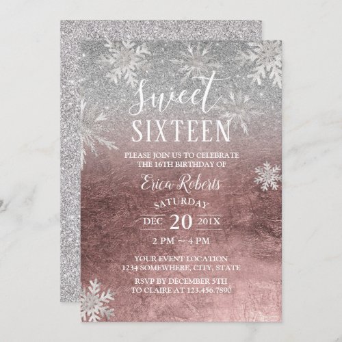 Sweet 16 Winter Snowflakes Rose Gold   Silver Invitation