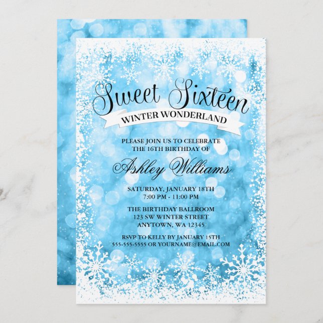 Sweet 16 Winter Wonderland Blue Glitter Lights Invitation (Front/Back)
