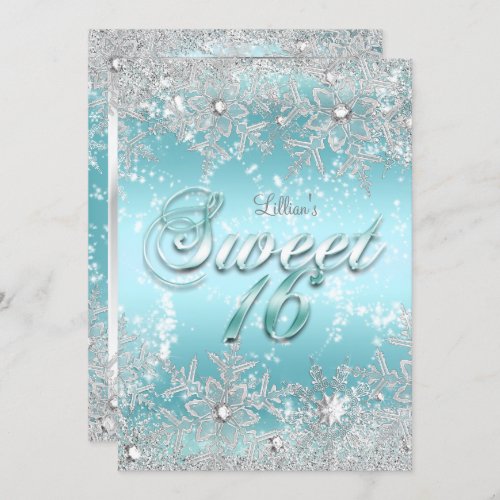 Sweet 16 Winter Wonderland Blue Teal Snowflake Invitation