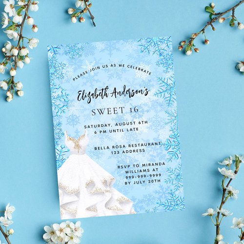Sweet 16 winter wonderland light blue white dress invitation