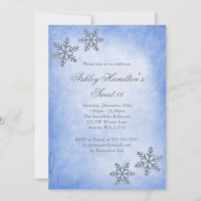 Sweet 16 Winter Wonderland Sparkle Snowflakes Blue Invitation (Front)