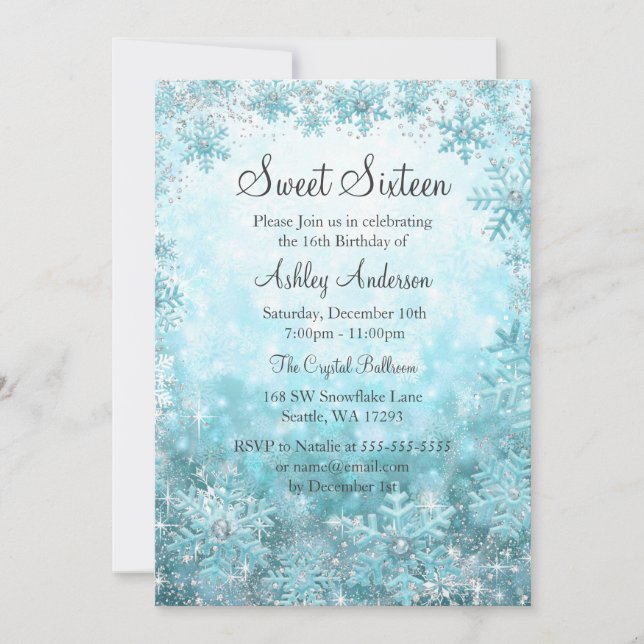 Sweet 16 Winter Wonderland Sparkle Snowflakes Invitation (Front)