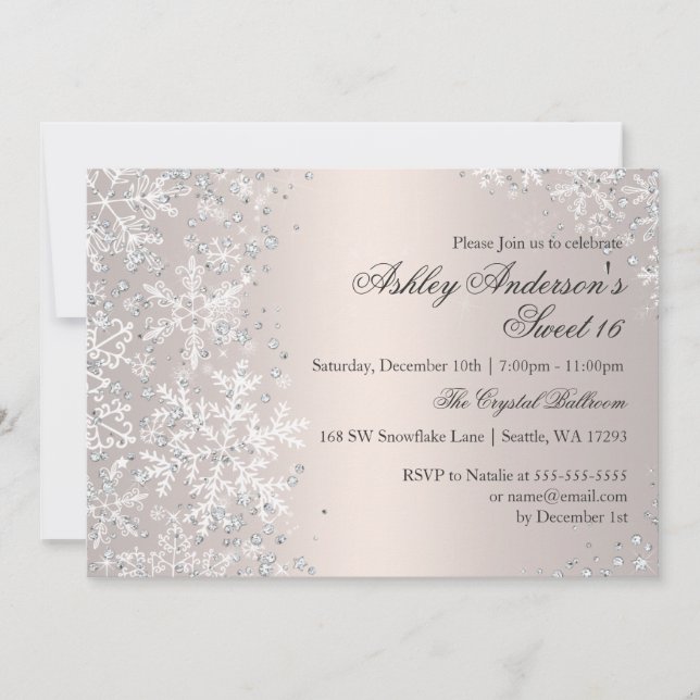 Sweet 16 Winter Wonderland Sparkle Snowflakes Invitation (Front)