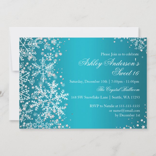 Sweet 16 Winter Wonderland Sparkle Snowflakes Invitation (Front)