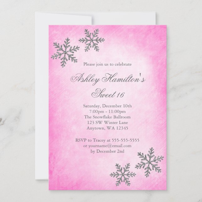 Sweet 16 Winter Wonderland Sparkle Snowflakes Pink Invitation (Front)