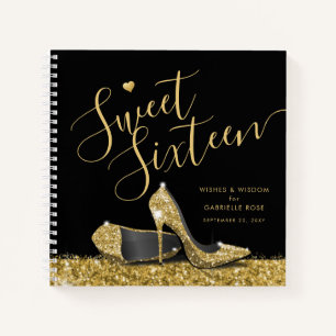 Sweet 16 Wishes Advice Black Gold Guest Book