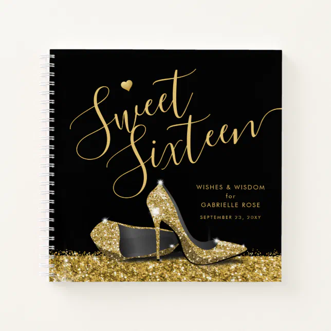 Sweet 16 Wishes Advice Black Gold Guest Book (Front)