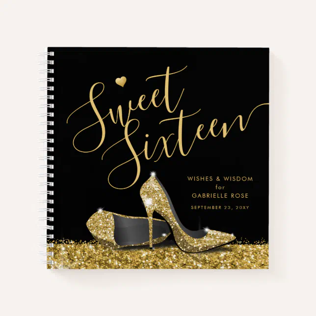 Sweet 16 Wishes Advice Black Gold Guest Book (Front)