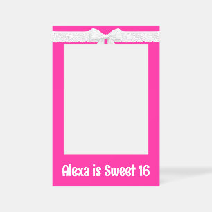 Sweet 16 with White Bow on Neon Pink Selfie Frame
