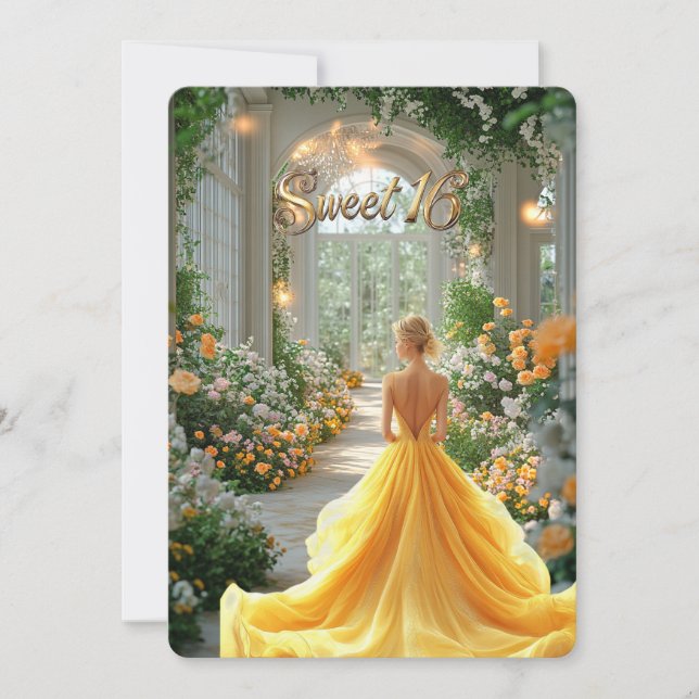 Sweet 16 Yellow Gown Beautiful Flowers Venue Invitation (Front)