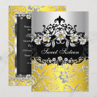 Sweet 16 Yellow Silver Black Floral Jewel Party Invitation