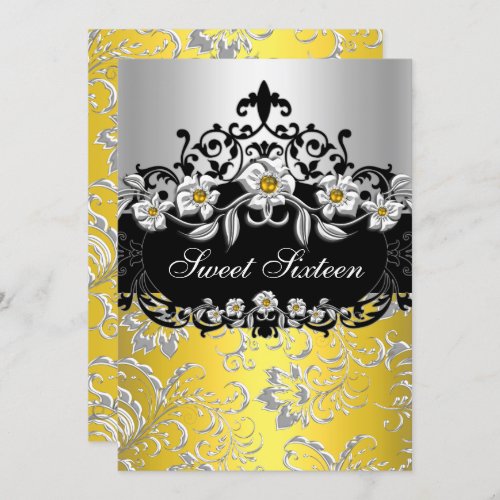 Sweet 16 Yellow Silver Black Floral Jewel Party Invitation