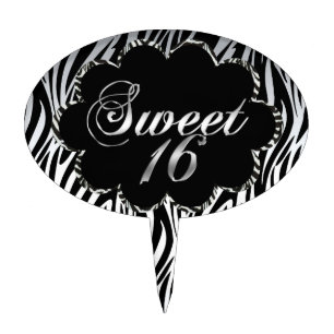 Sweet 16 Zebra Black White For Cake Topper