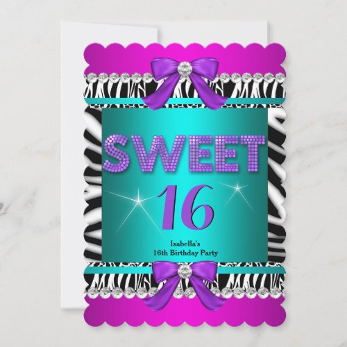 Sweet 16 Zebra Pink Teal Purple Bow Fun Party 3S Invitation