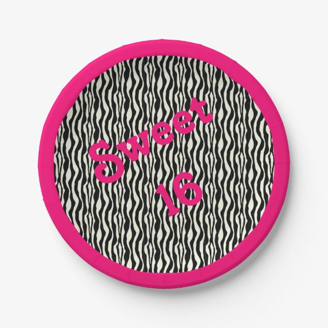 Sweet 16 Zebra Print w/ Pink Border Paper Plates (Front)