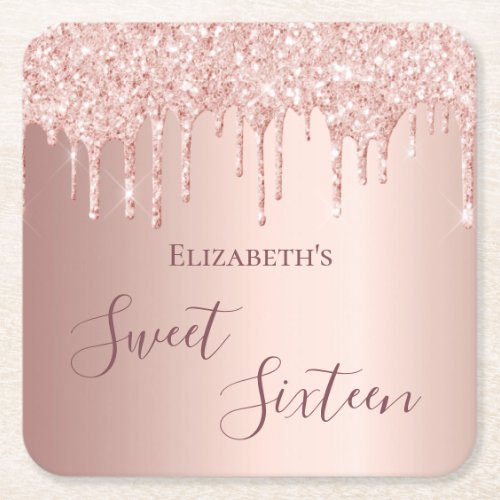 Sweet 16mbirthday rose gold blush glitter drips square paper coaster