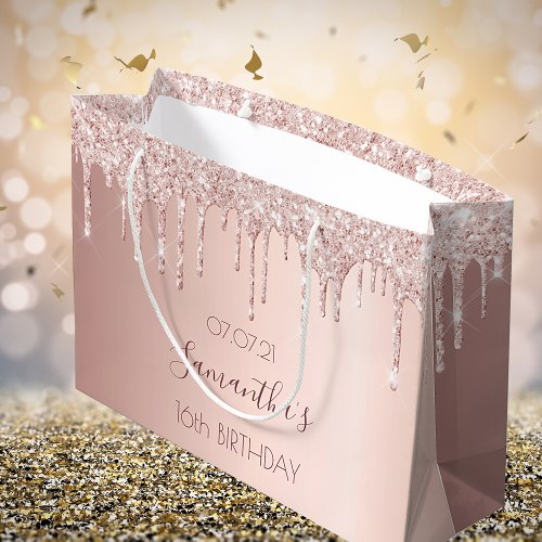 Sweet 16rose gold blush glitter drips name large gift bag