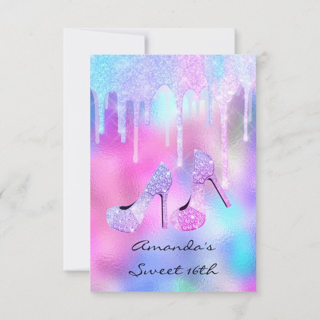 Sweet 16th 15th Drips Holographic Pink High Heels Invitation (Back)