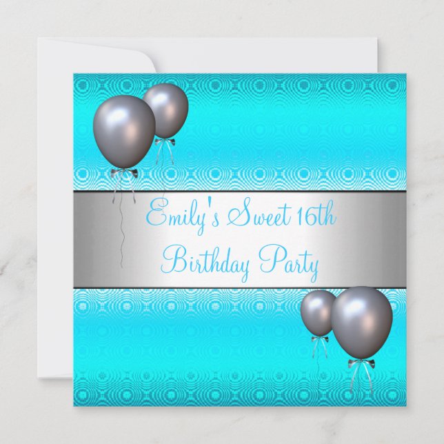 Sweet 16th Aqua Silver Balloon Birthday Party Invitation (Front)