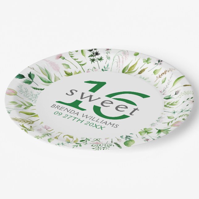 Sweet 16th Birdie Green Leafs & Flowers Frame Paper Plates (Angled)