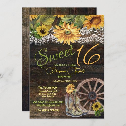 Sweet 16th Birthday Barn Wood Sunflowers Lace Invi Invitation