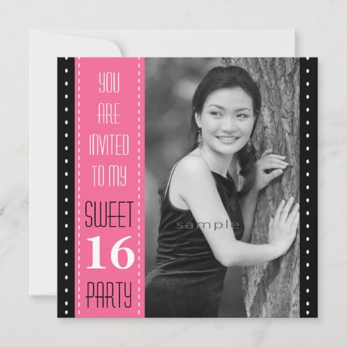 Sweet 16th Birthday Black PINK Large Photo Custom Invitations