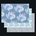 Sweet 16th Birthday Blue Flower  Wrapping Paper Sheets<br><div class="desc">Girly glitter with fancy script name typography. Faux light blue 16 balloon text. Blue Roses and faux glitter top border. Great for sweet 16 celebrations.</div>